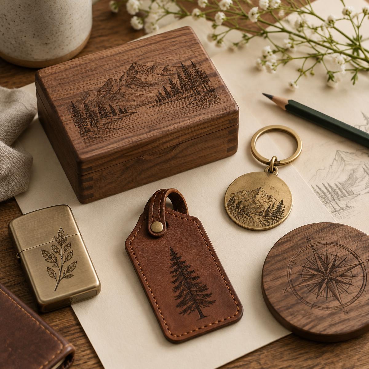 A collection of custom engraved wood, metal, and leather pieces